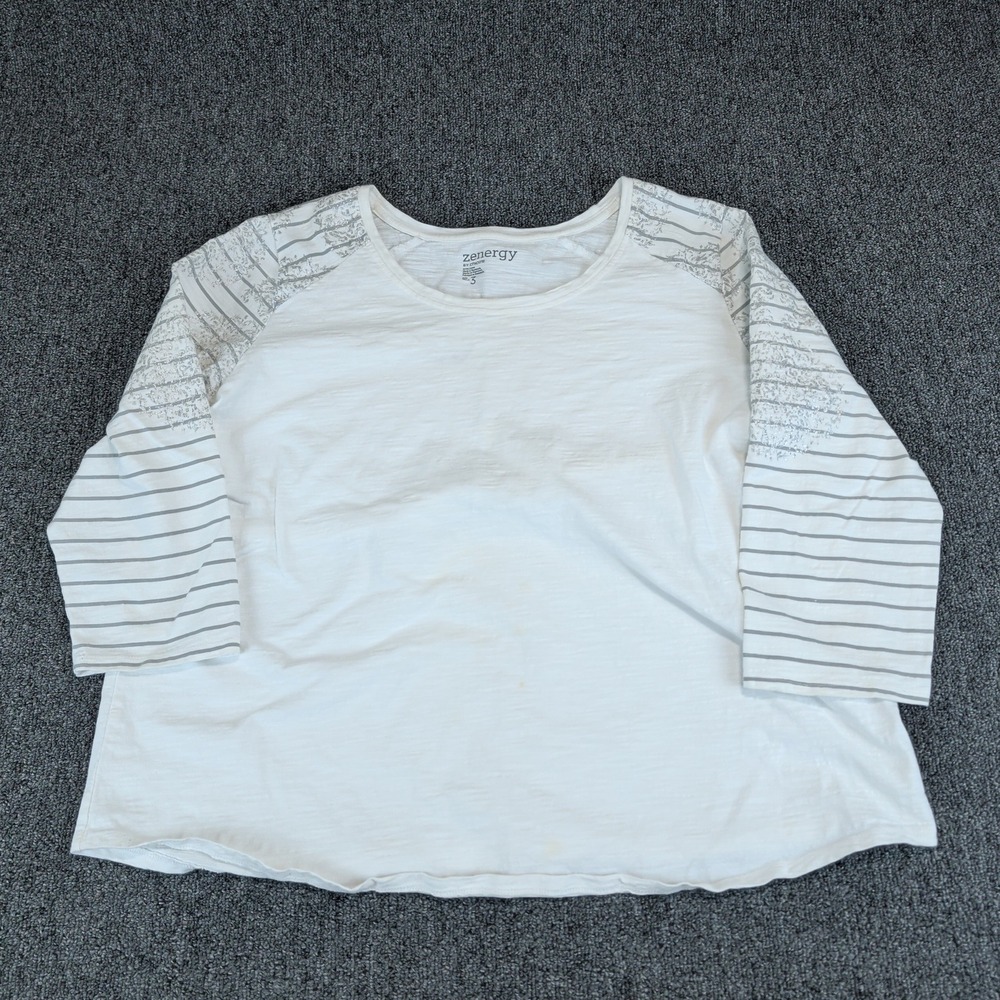 Zenergy by Chico's Athleisure Top Women 3‎ White 100% Cotton Metallic Stripe Tee